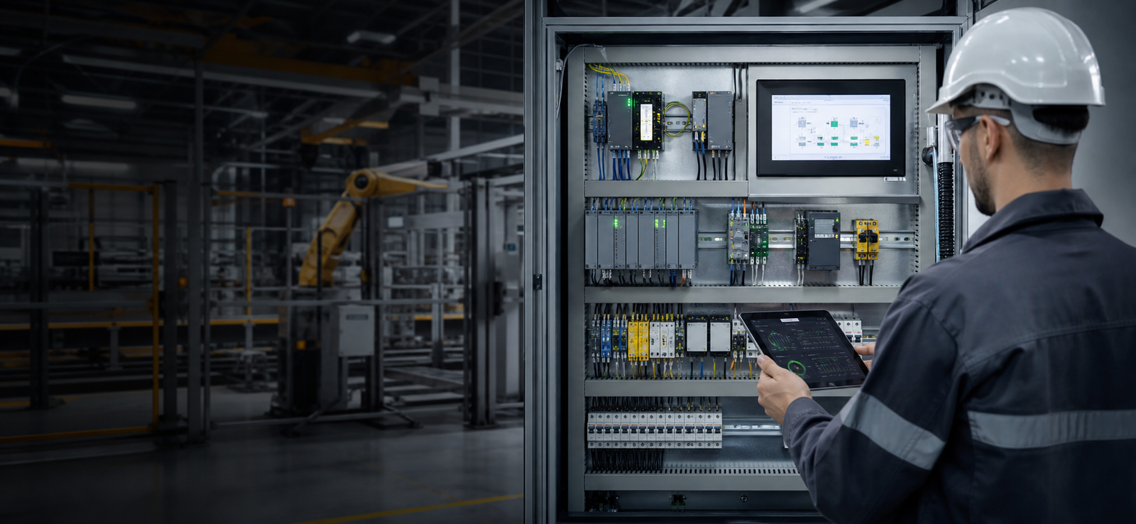 Armoire d'automatisme industriel en diagnostic avec un technicien